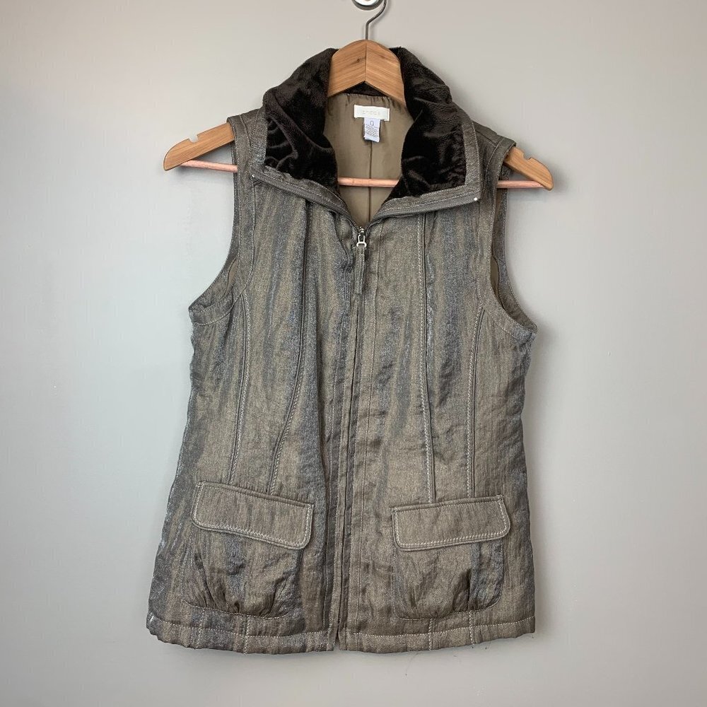 Chicos Size 0 Metallic Shimmer Brown Fall Vest Size Small Casual Full Zip XS